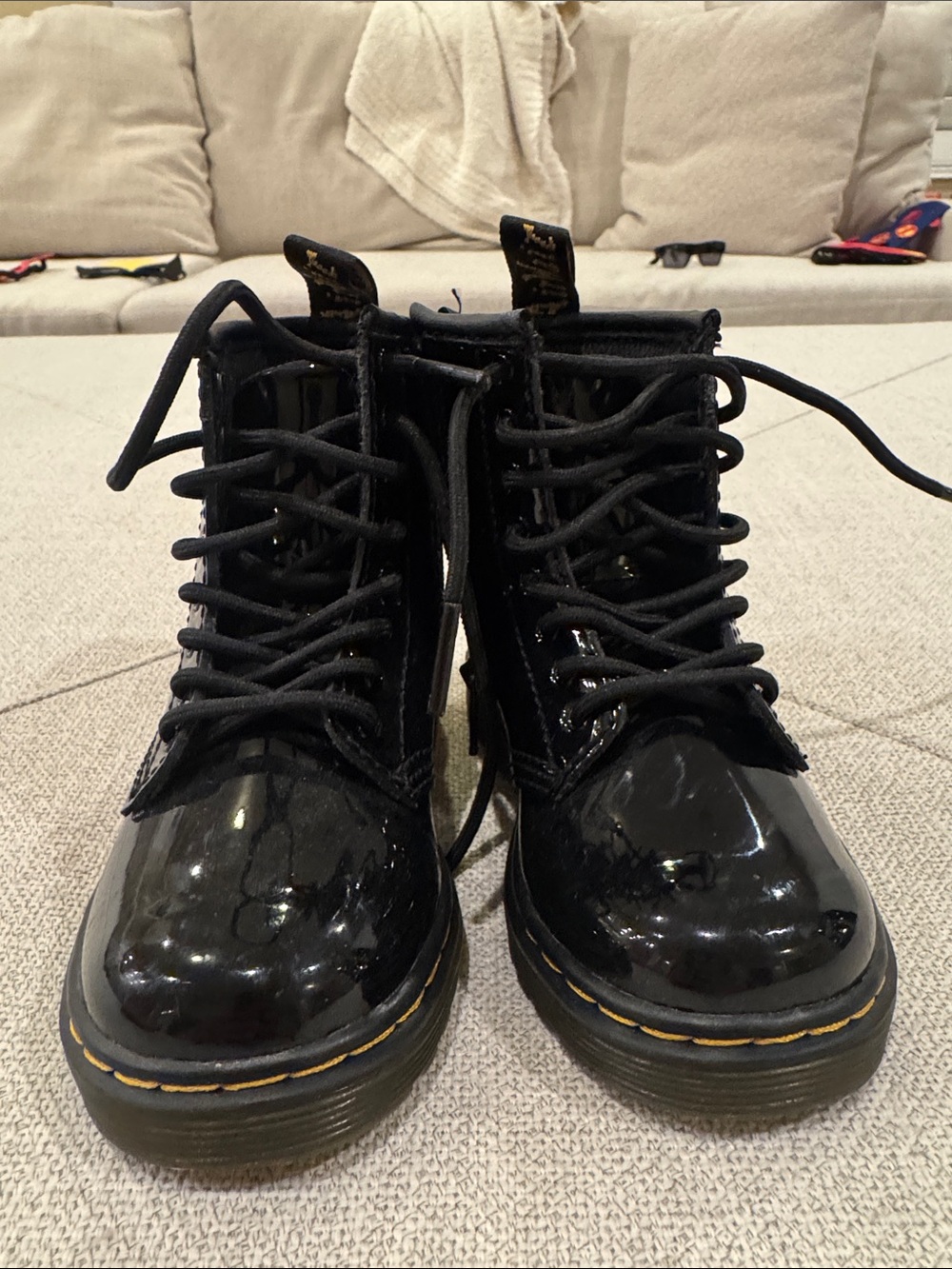 Dr. Martens Black Patent Leather Lace-Up Combat Boots with Yellow Stitching